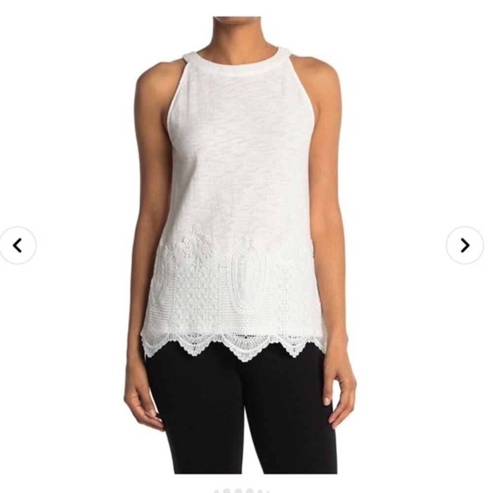 NWT ADRIANNA PAPELL White Crepe Sleeveless Crochet Lace Trim Tank Top Size Small